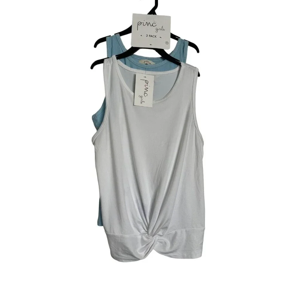 NWT BUNDLE of 2 Pinc Girls T-Shirt 16 White Blue Ribbed Sleeveless Tee Tops
